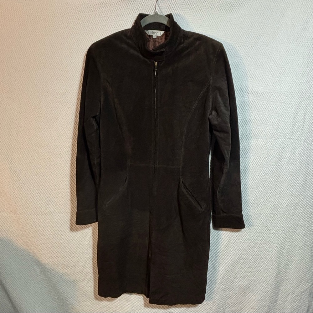 TEHEN PARIS Sz 1 (US M estimated) Dark Brown Long Suede Funnel Neck Zipper Coat